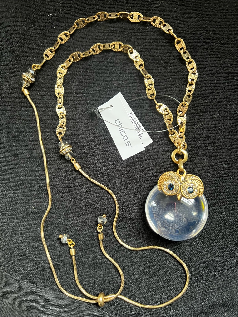 Chico’s Gold-Tone Necklace with Clear Owl Orb Pendant